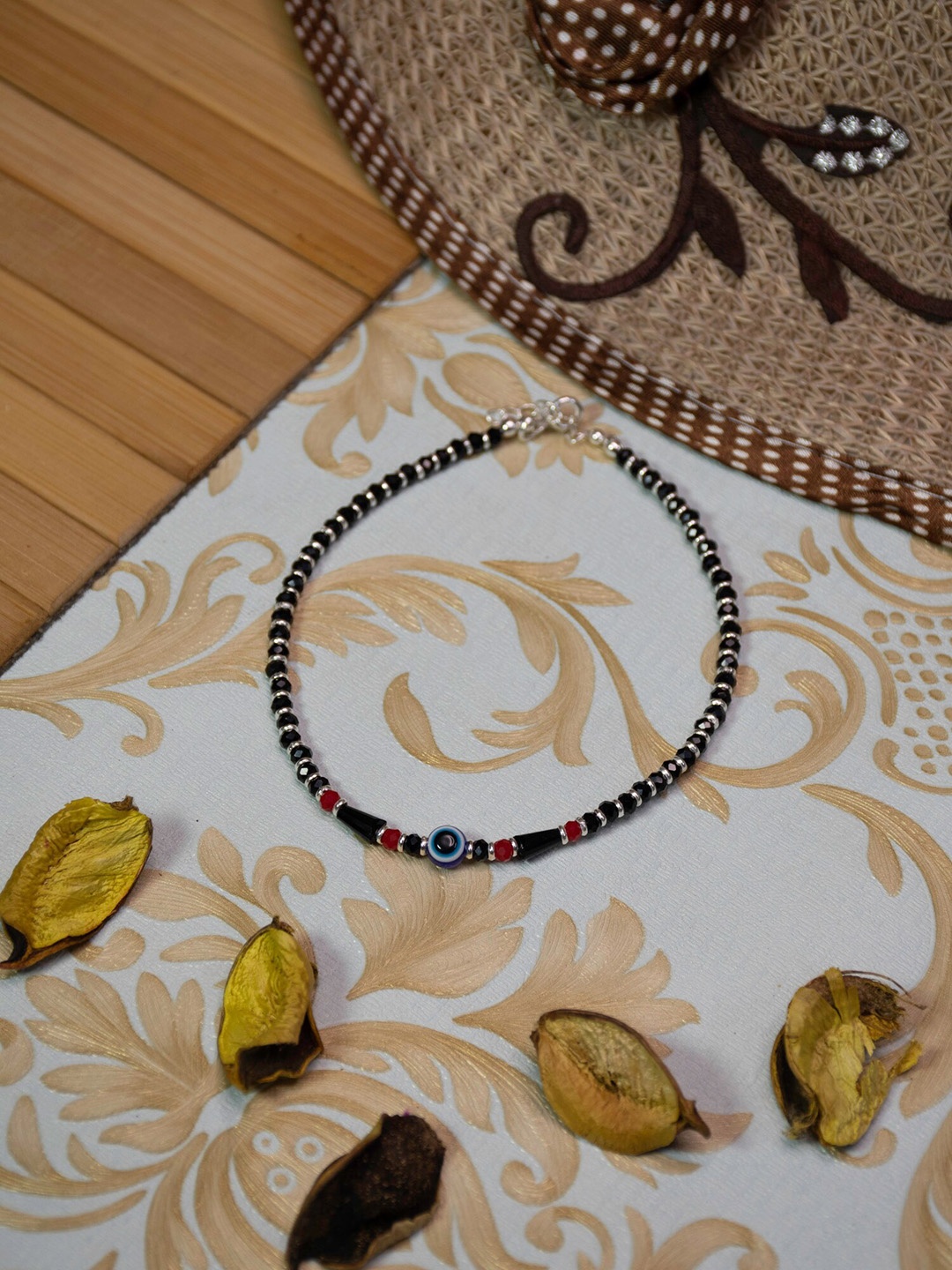 

Arte Jewels 925 Sterling Silver Beads Evil Eye Nazariya Anklet, Black