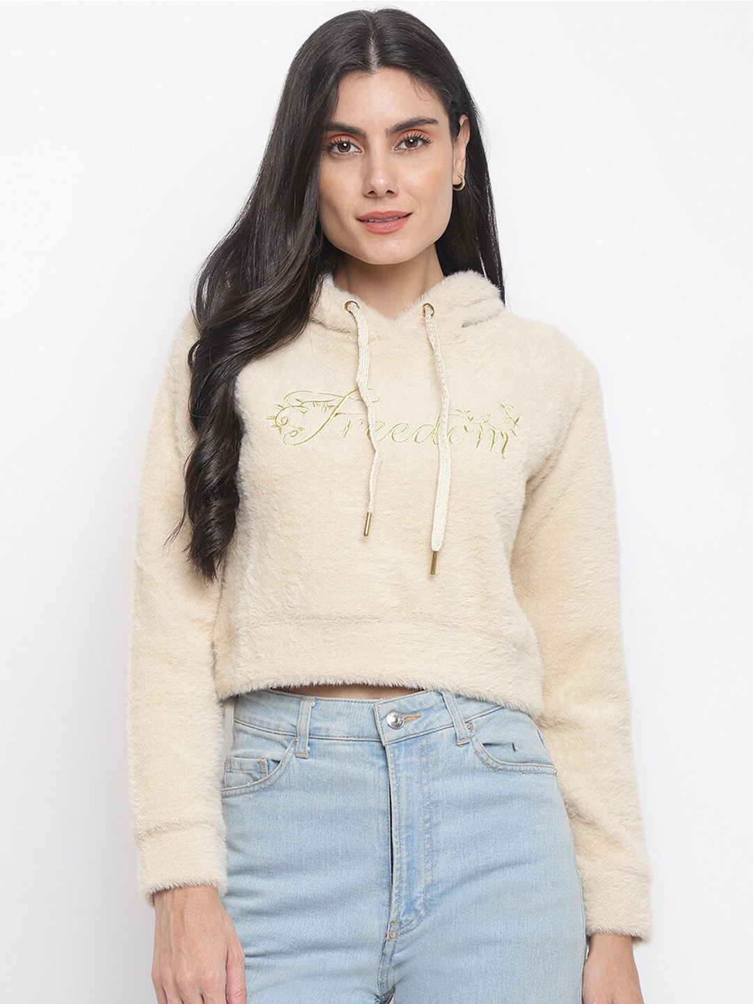 

Her Grace Women Cream-Coloured Embroidered Hooded Sweatshirt