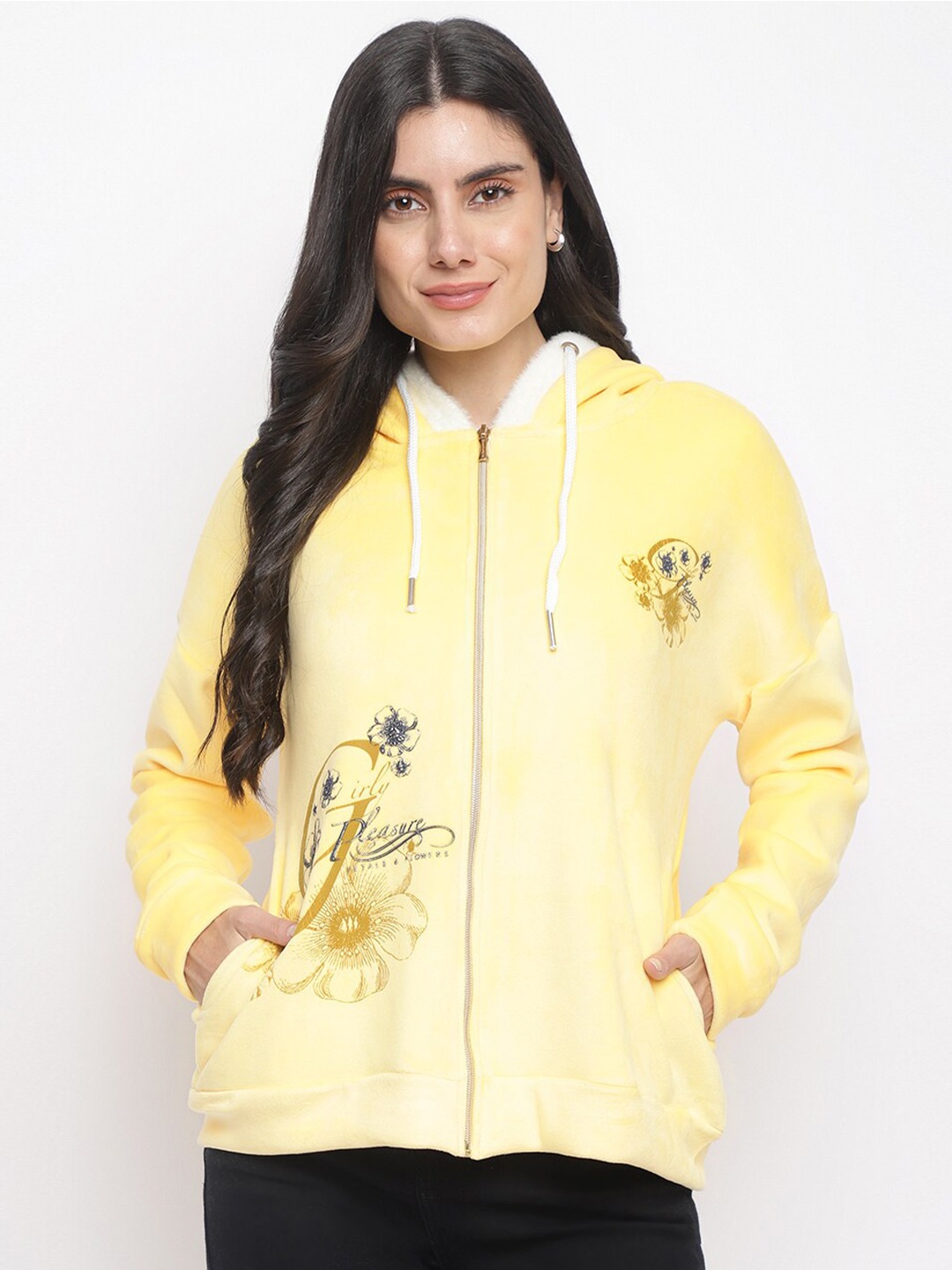

Her Grace Women Yellow Printed Hooded Sweatshirt