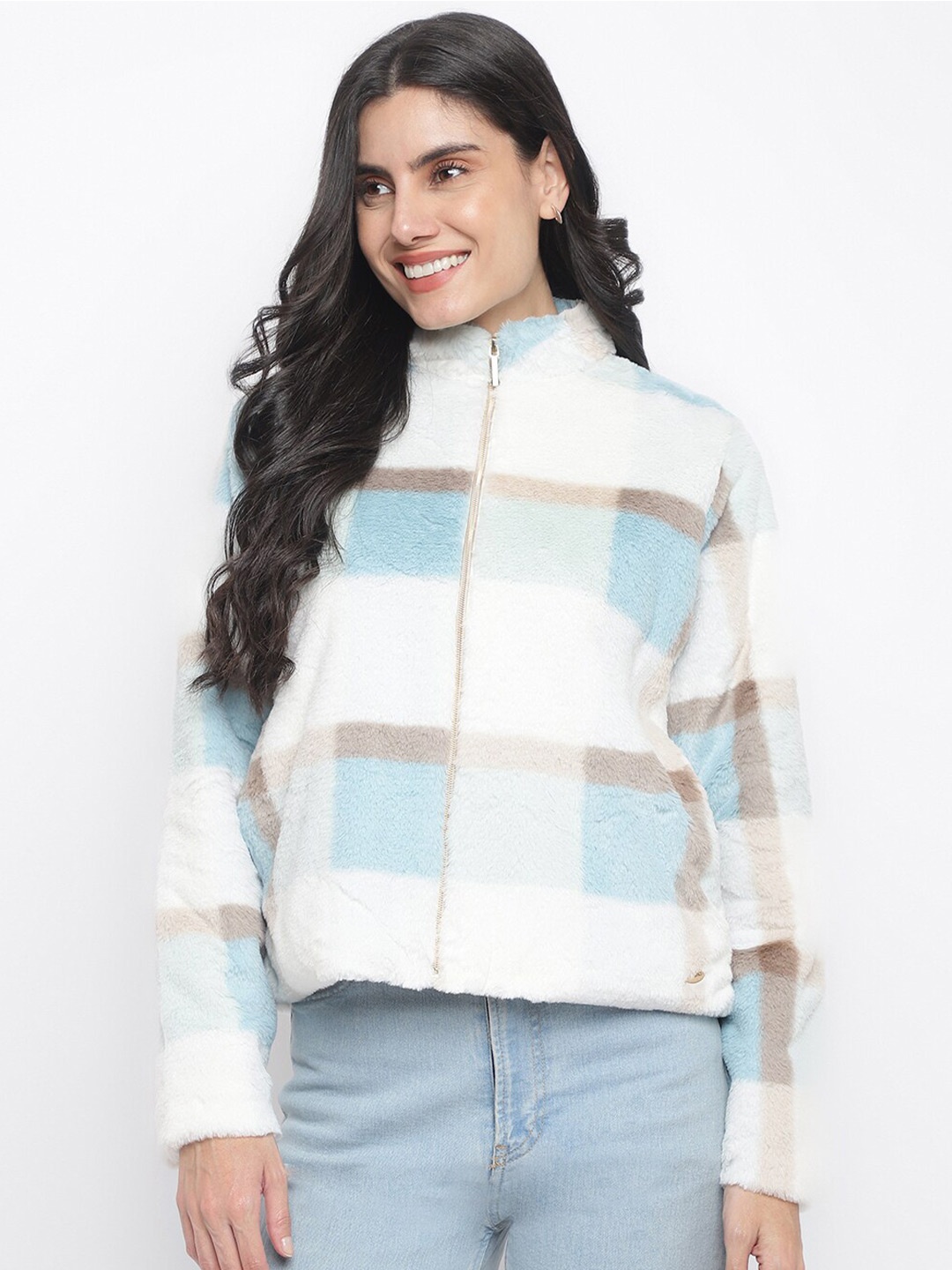 

Her Grace Women Blue Striped Mock Collar Sweatshirt