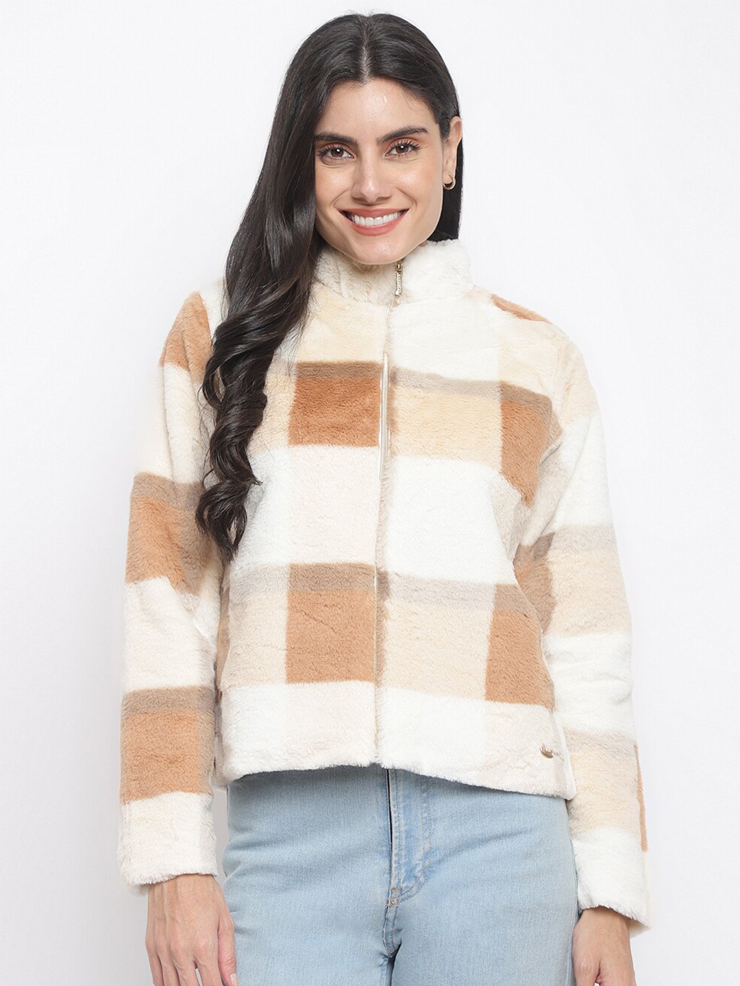 

Her Grace Women Khaki Striped Mock Collar Sweatshirt