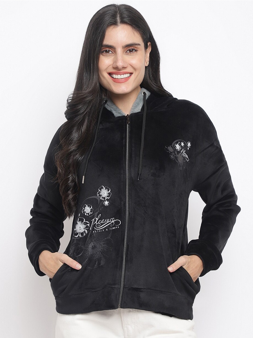 

Her Grace Women Black Printed Hooded Sweatshirt
