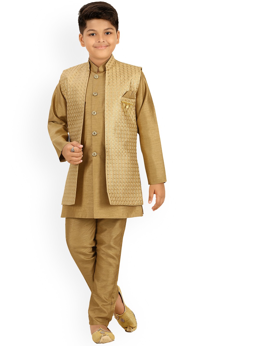 

ahhaaaa Boys Regular Straight Knee Length Kurta with Pyjamas & Nehru Jacket, Gold