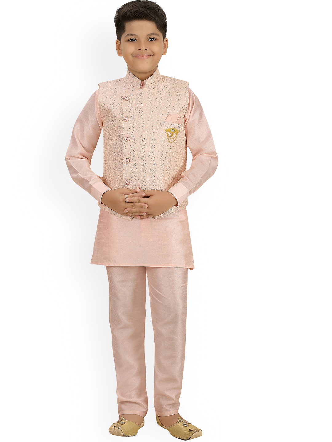 

ahhaaaa Boys Regular Straight Knee Length Kurta with Pyjamas & Waistcoat, Pink