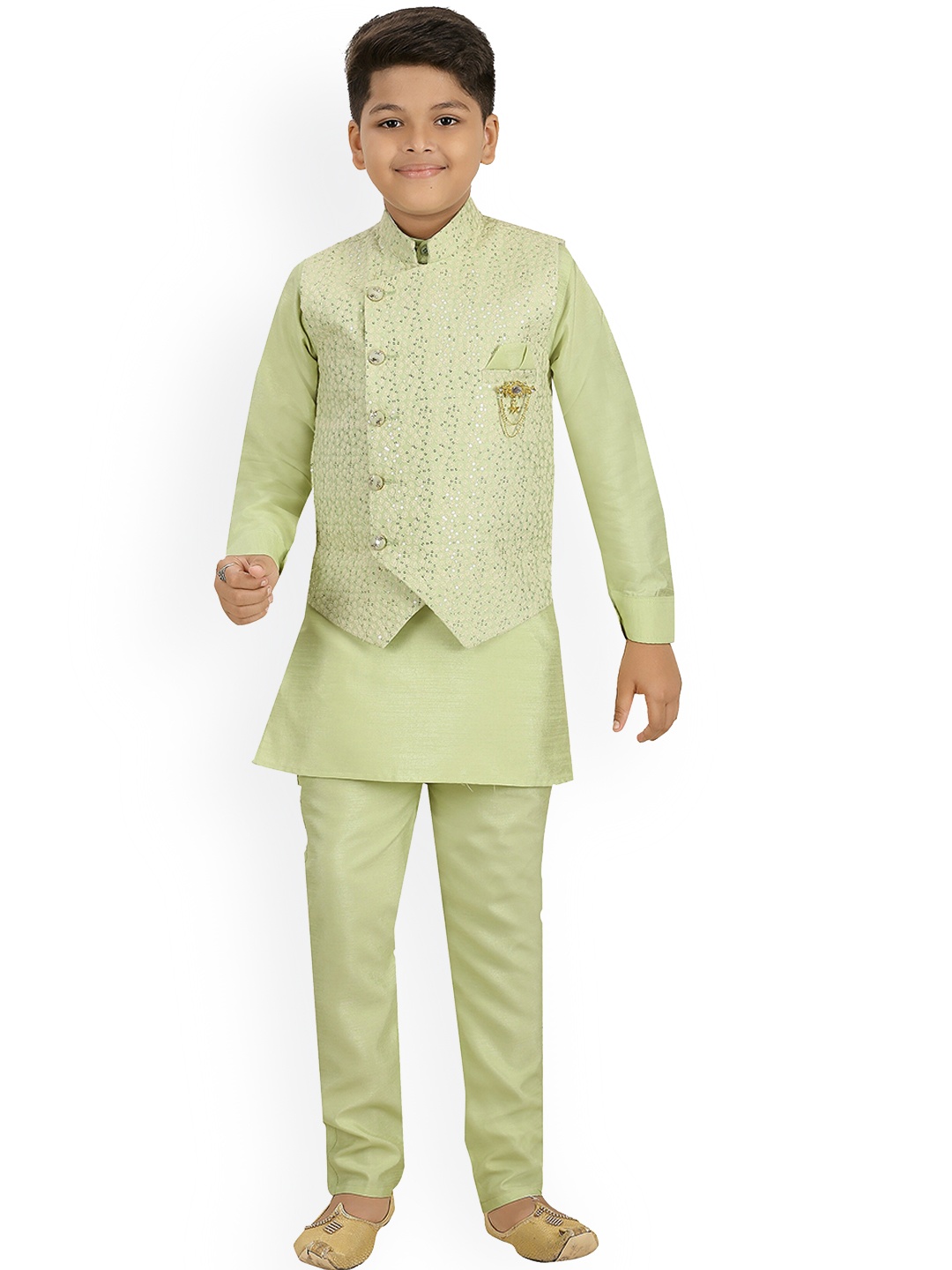 

ahhaaaa Boys Regular Straight Knee Length Kurta with Pyjamas & Waistcoat, Green