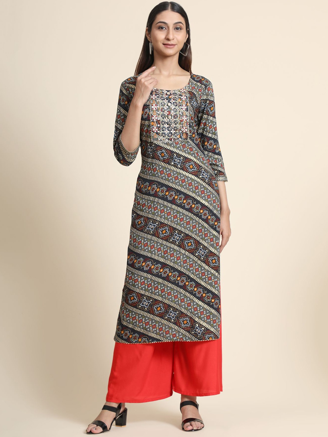 

KALINI Floral Printed Linen Kurta with Palazzos, Grey