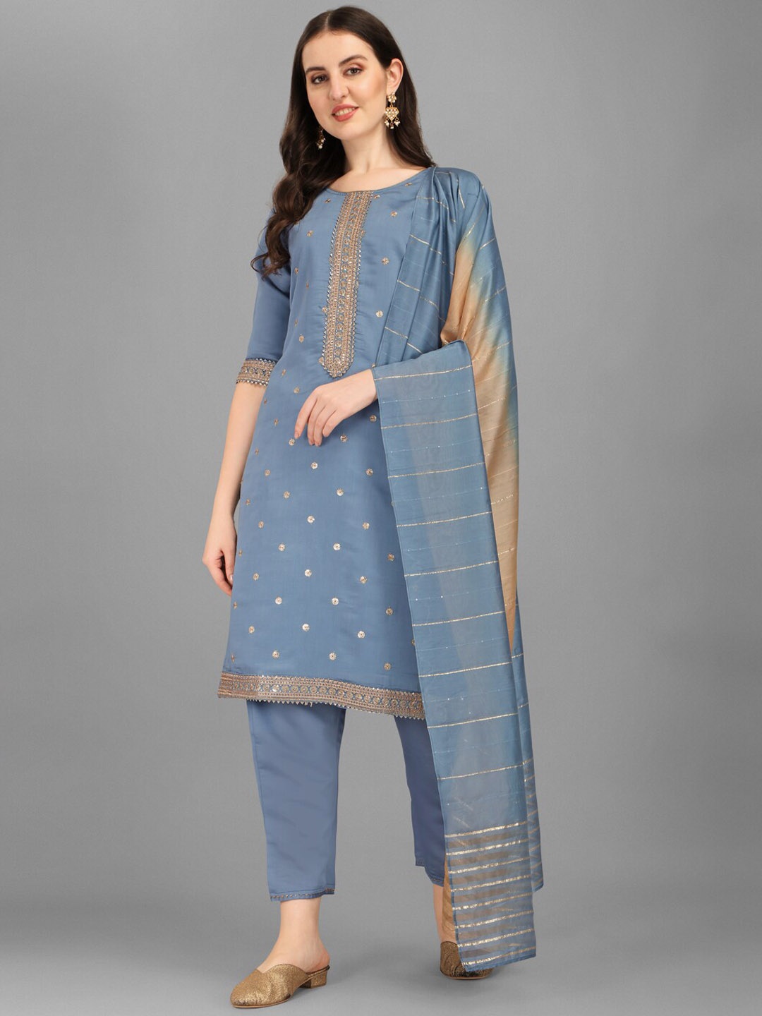 

Berrylicious Women Blue Embroidered Thread Work Chanderi Cotton Kurta with Trousers & With Dupatta