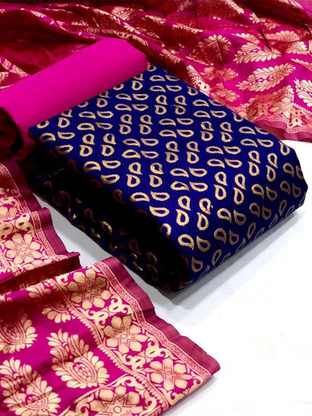 

MORLY Woven Design Dupion Silk Unstitched Dress Material, Navy blue