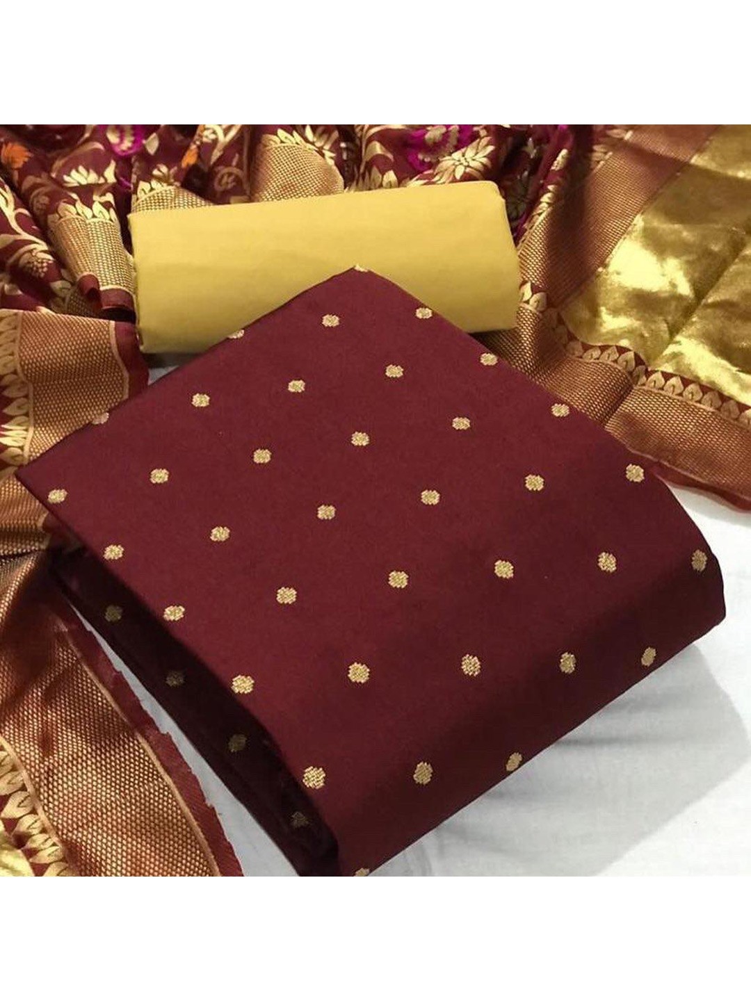 

MORLY Woven Design Dupion Silk Unstitched Dress Material, Maroon