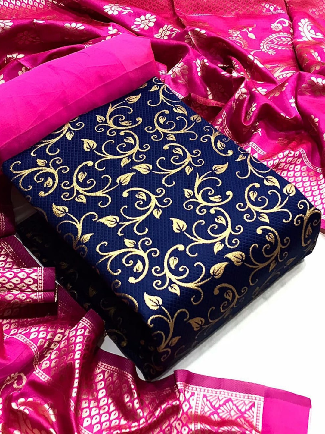 

MORLY Woven Design Dupion Silk Unstitched Dress Material, Navy blue