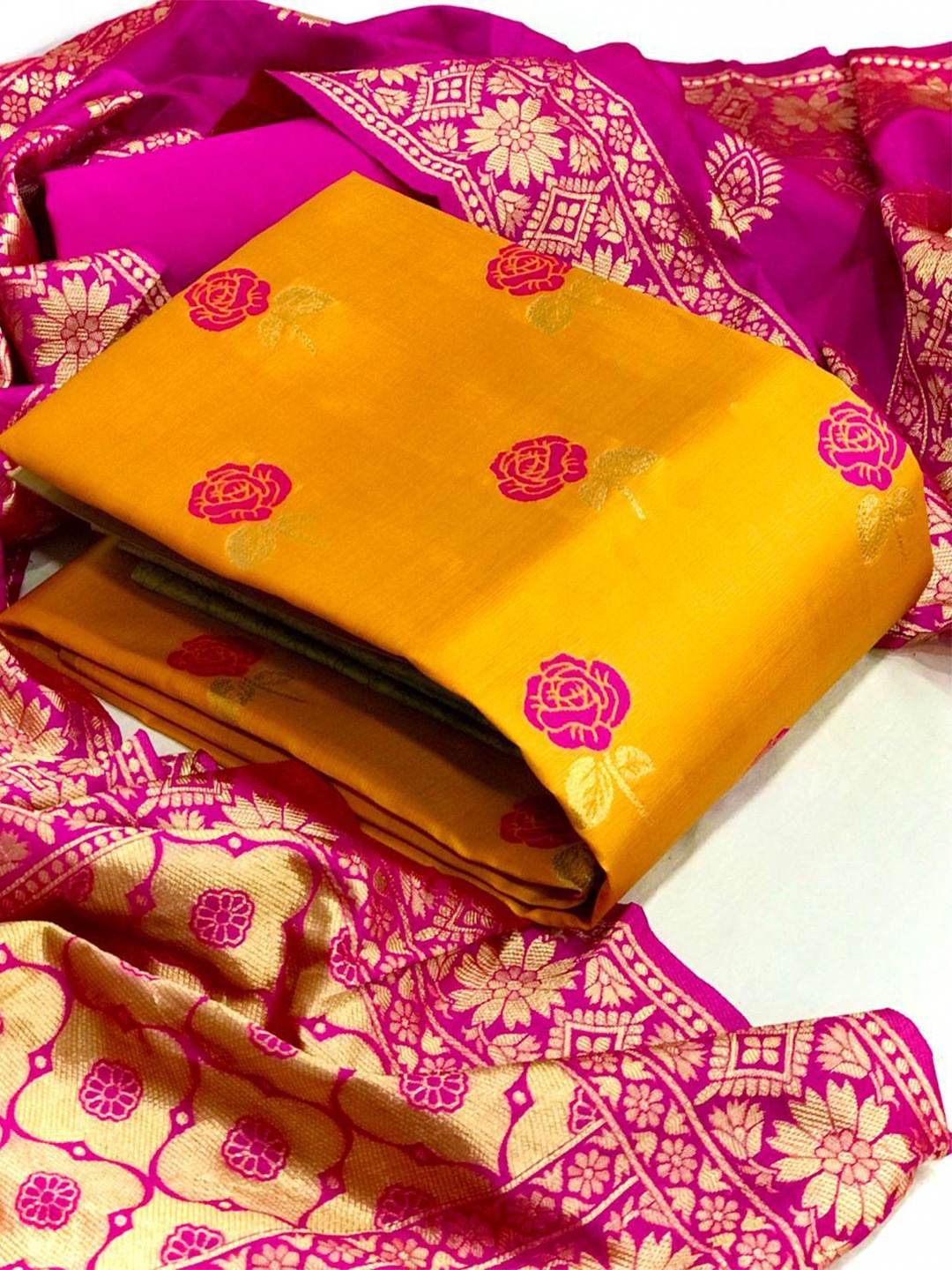 

MORLY Woven Design Dupion Silk Unstitched Dress Material, Yellow