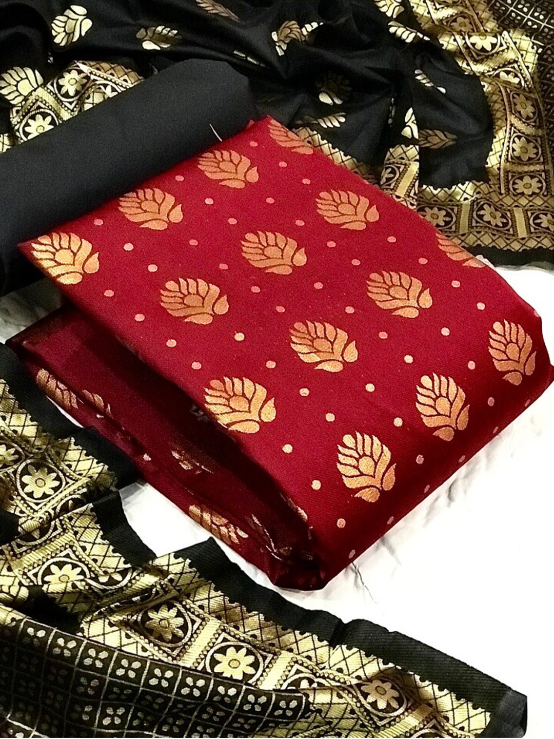 

MORLY Woven Design Dupion Silk Unstitched Dress Material, Maroon