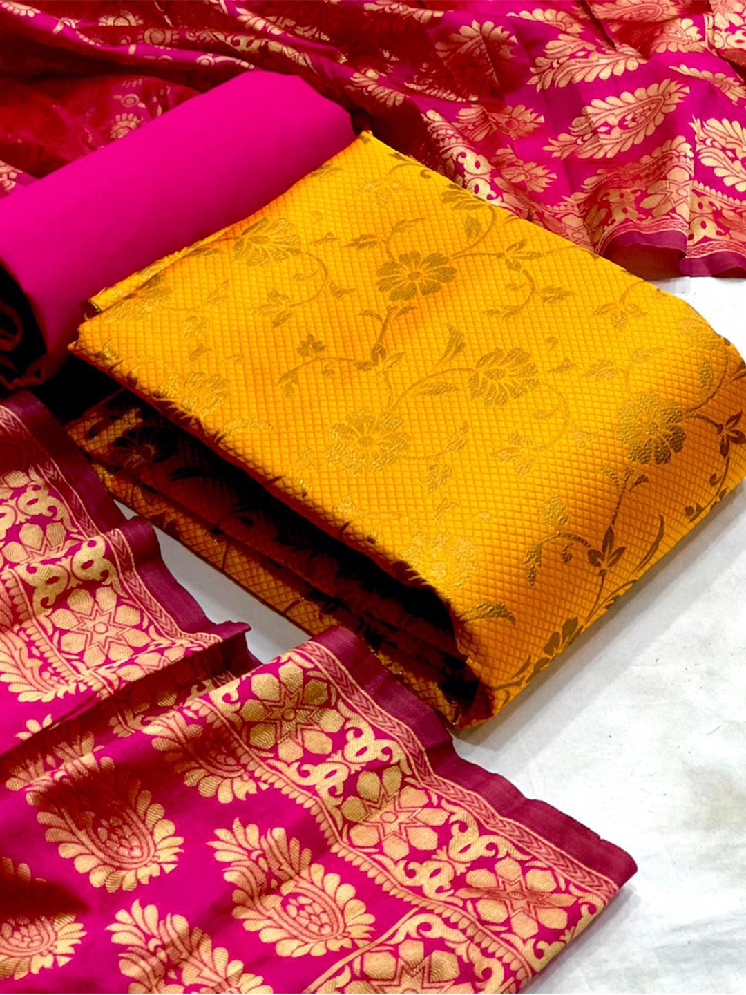 

MORLY Woven Design Dupion Silk Unstitched Dress Material, Yellow