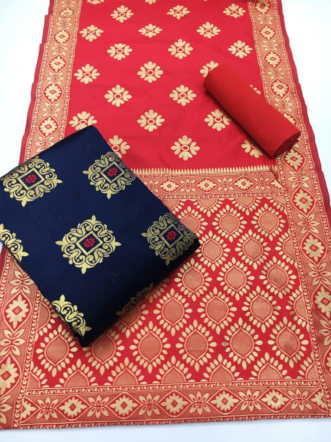 

MORLY Woven Design Dupion Silk Unstitched Dress Material, Navy blue
