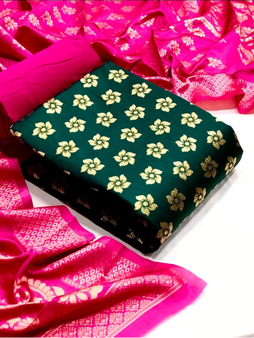 

MORLY Woven Design Dupion Silk Unstitched Dress Material, Green