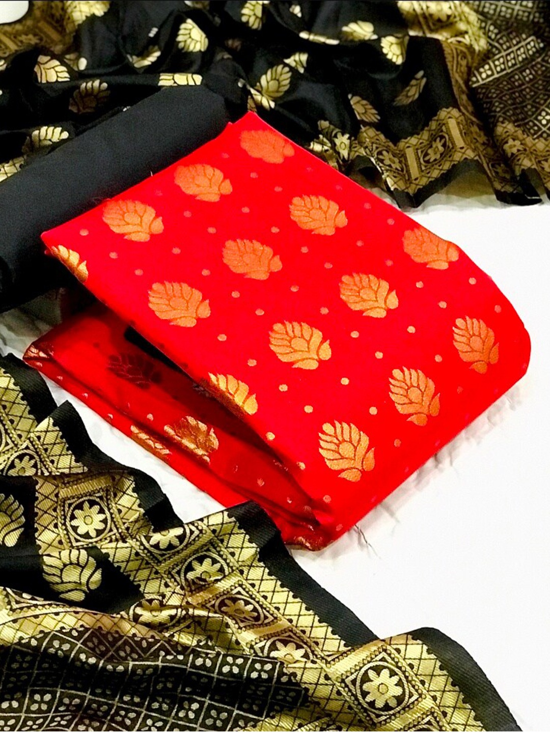 

MORLY Woven Design Dupion Silk Unstitched Dress Material, Red
