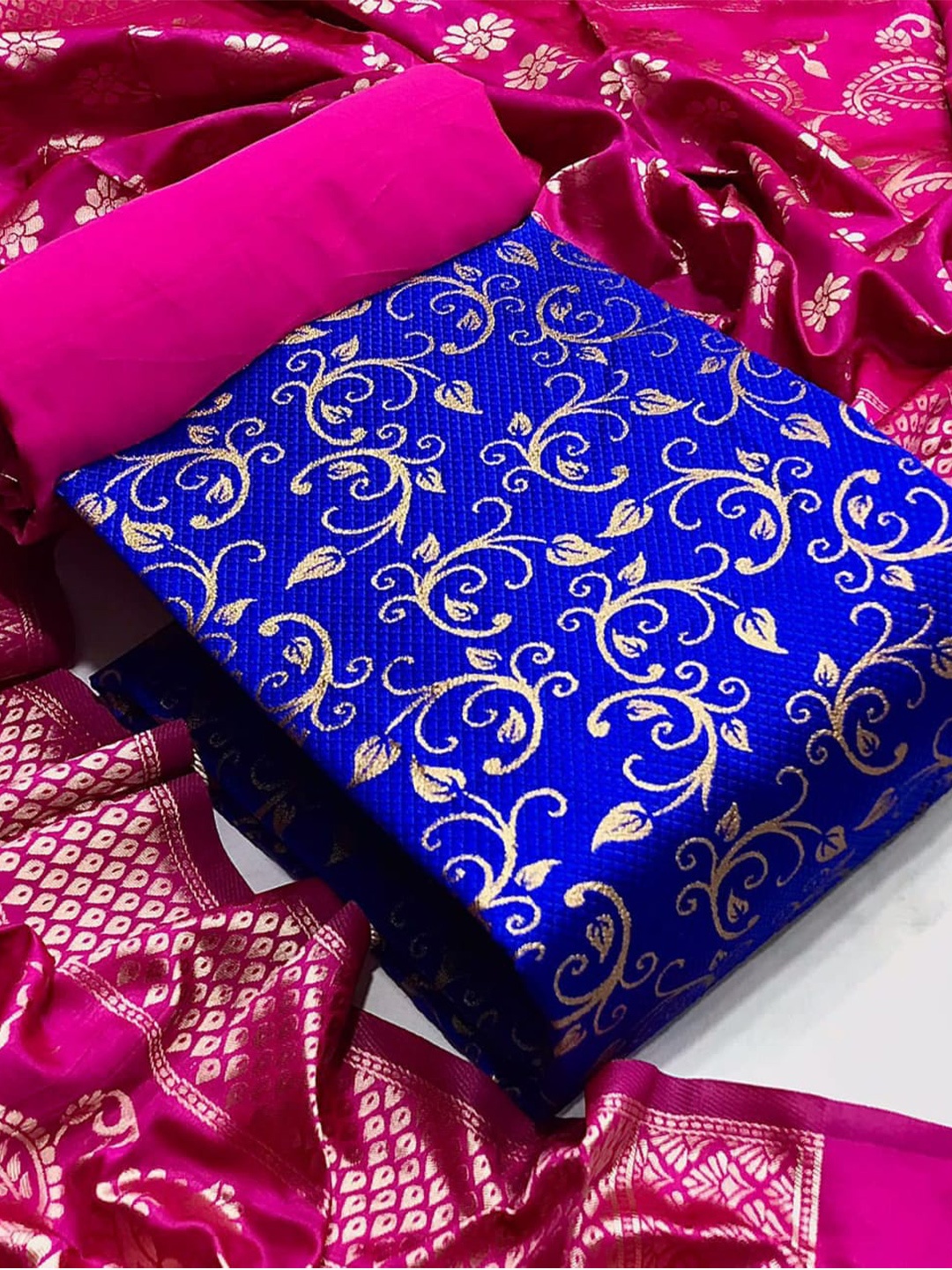 

MORLY Woven Design Dupion Silk Unstitched Dress Material, Navy blue