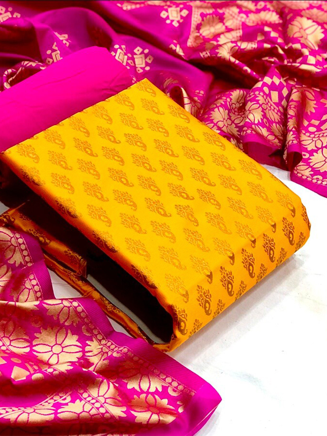 

MORLY Woven Design Dupion Silk Unstitched Dress Material, Yellow