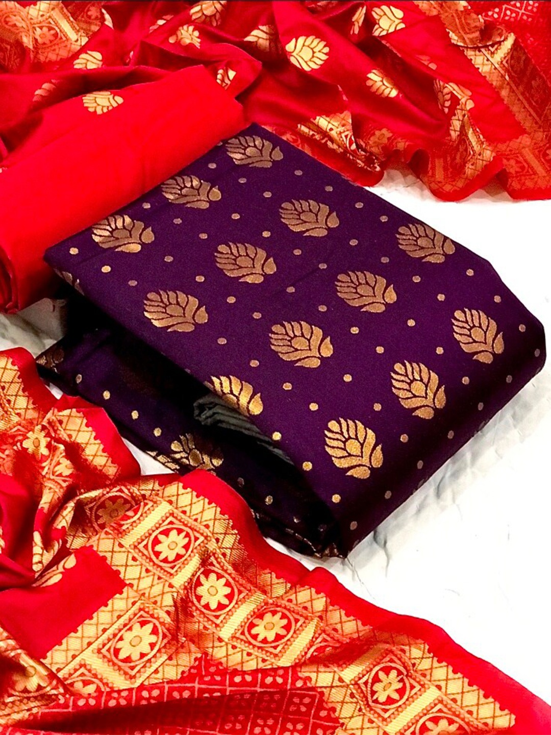 

MORLY Woven Design Dupion Silk Unstitched Dress Material, Purple