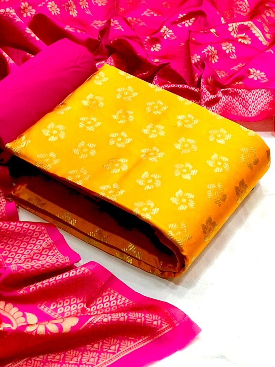 

MORLY Woven Design Dupion Silk Unstitched Dress Material, Yellow