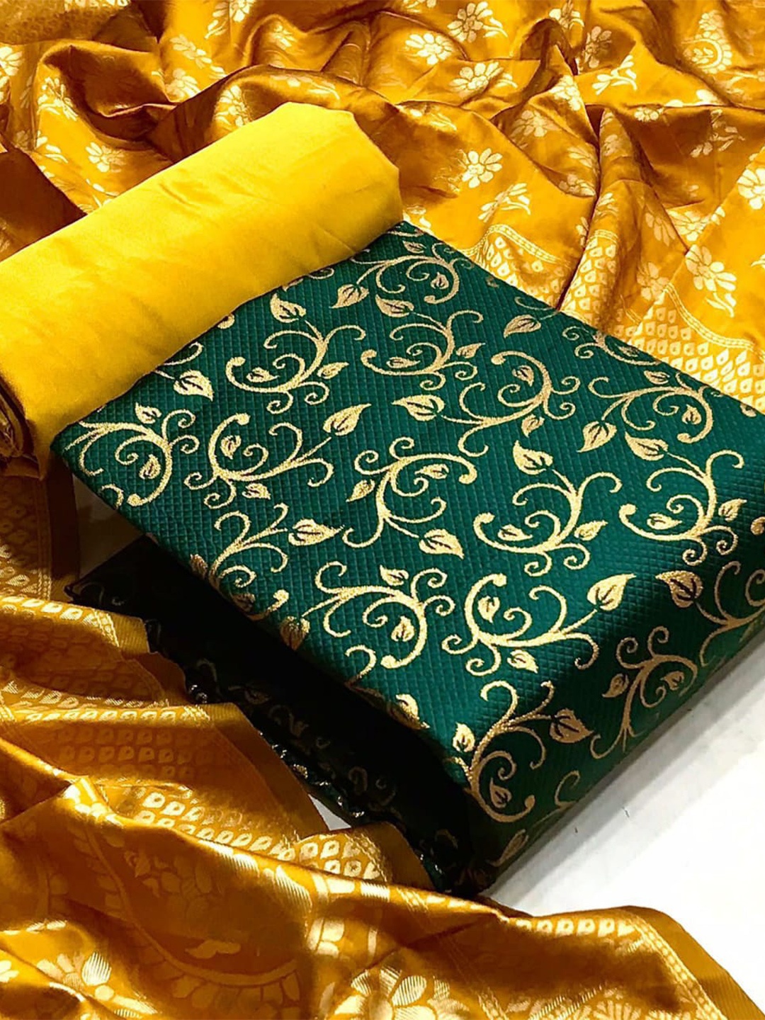 

MORLY Woven Design Dupion Silk Unstitched Dress Material, Green