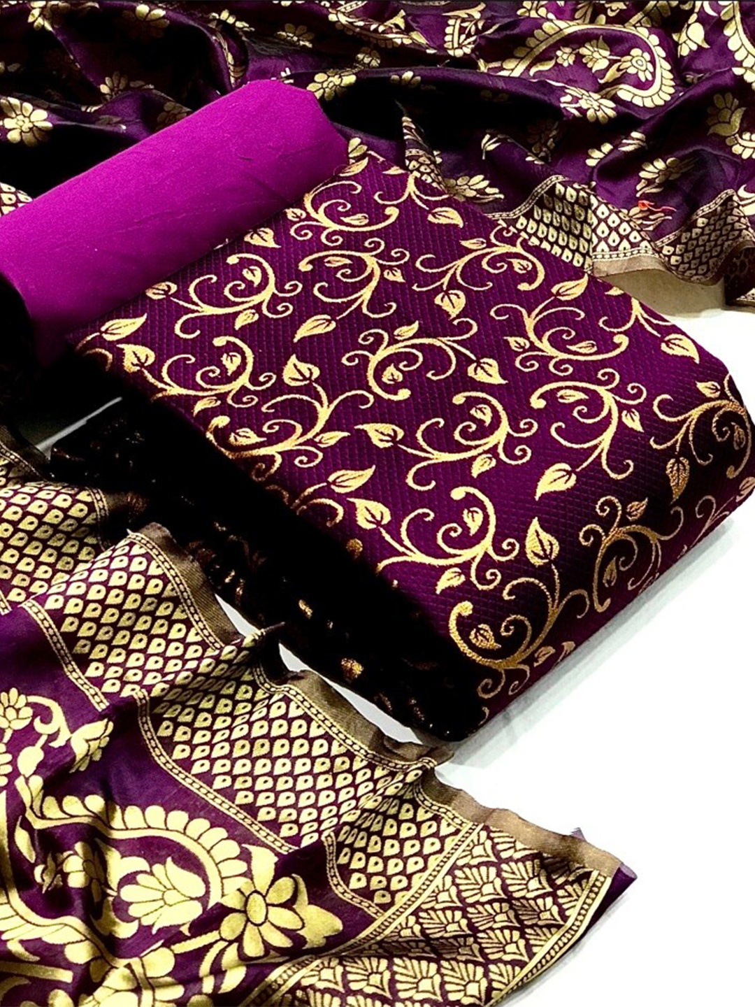 

MORLY Woven Design Dupion Silk Unstitched Dress Material, Purple