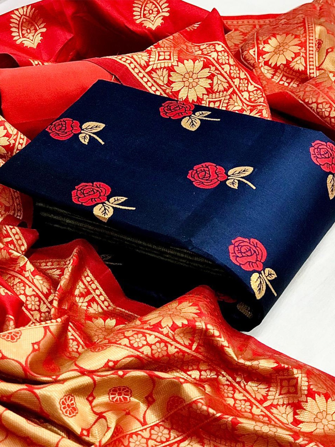 

MORLY Woven Design Dupion Silk Unstitched Dress Material, Navy blue