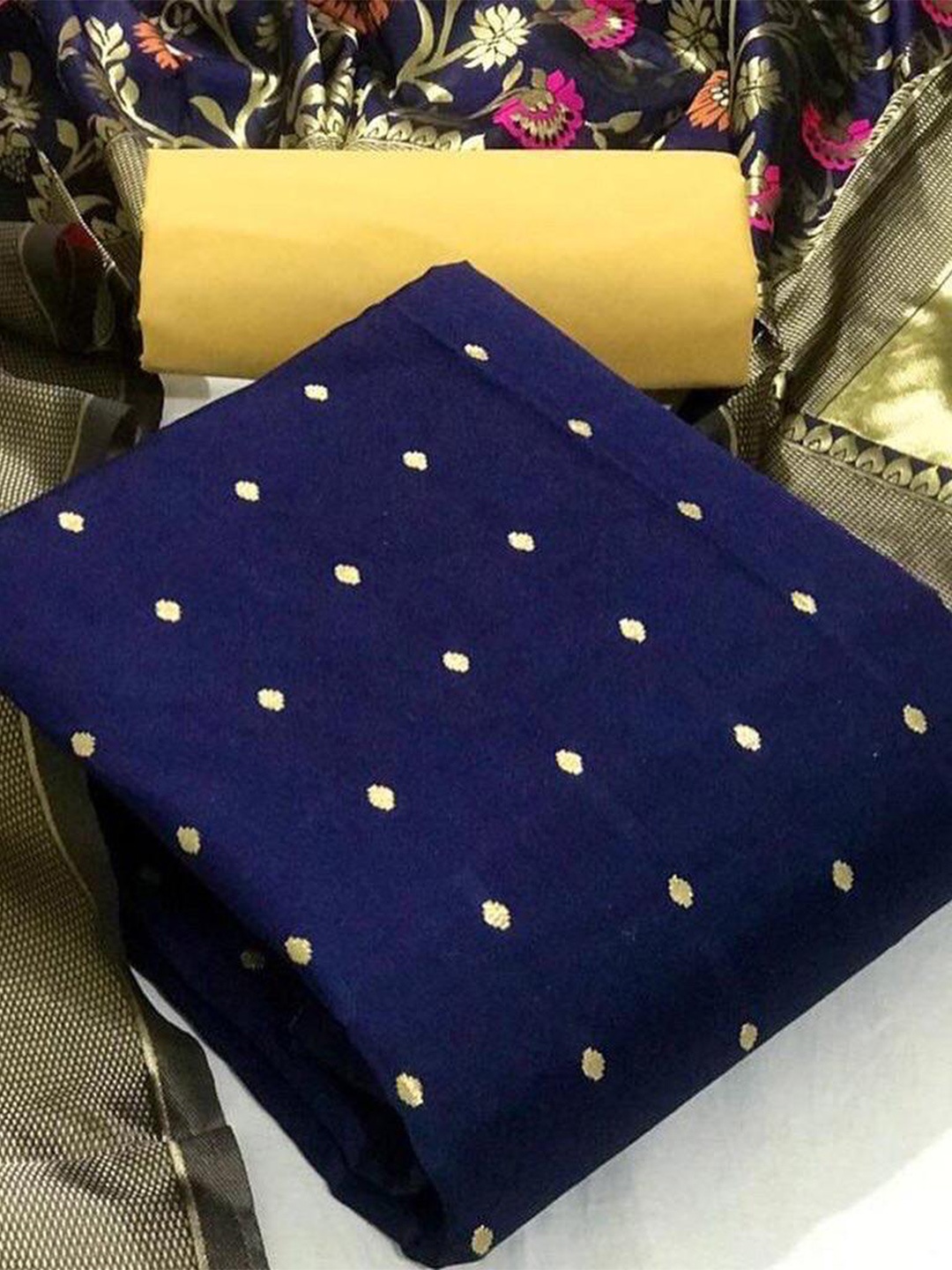 

MORLY Woven Design Dupion Silk Unstitched Dress Material, Navy blue