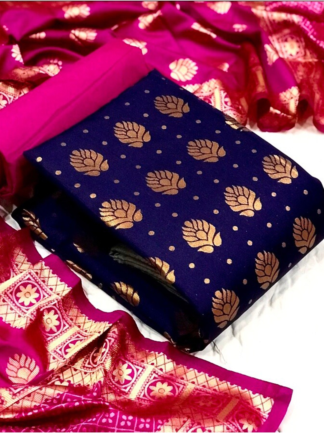 

MORLY Woven Design Dupion Silk Unstitched Dress Material, Navy blue