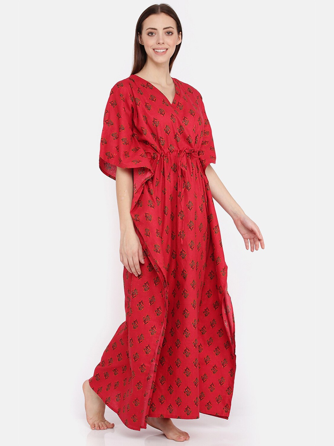 

9shines Label Women Printed Maxi Pure Cotton Nightdress, Red