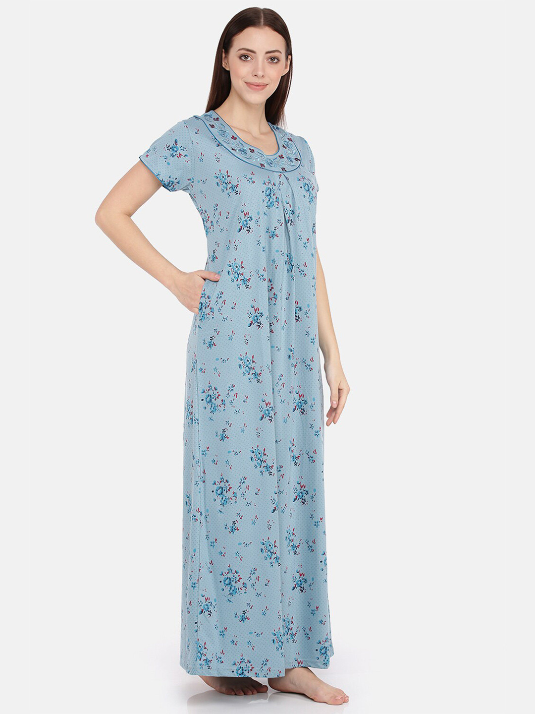 

9shines Label Women Printed Maxi Nightdress, Blue