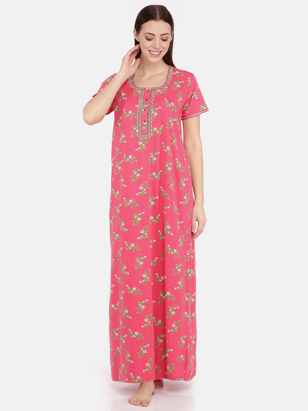 

9shines Label Women Printed Pure Cotton Maxi Nightdress, Red