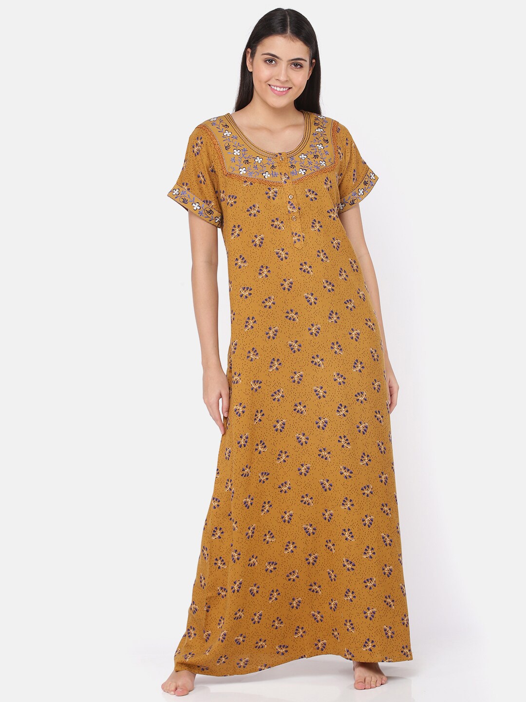 

9shines Label Women Printed Maxi Nightdress, Mustard