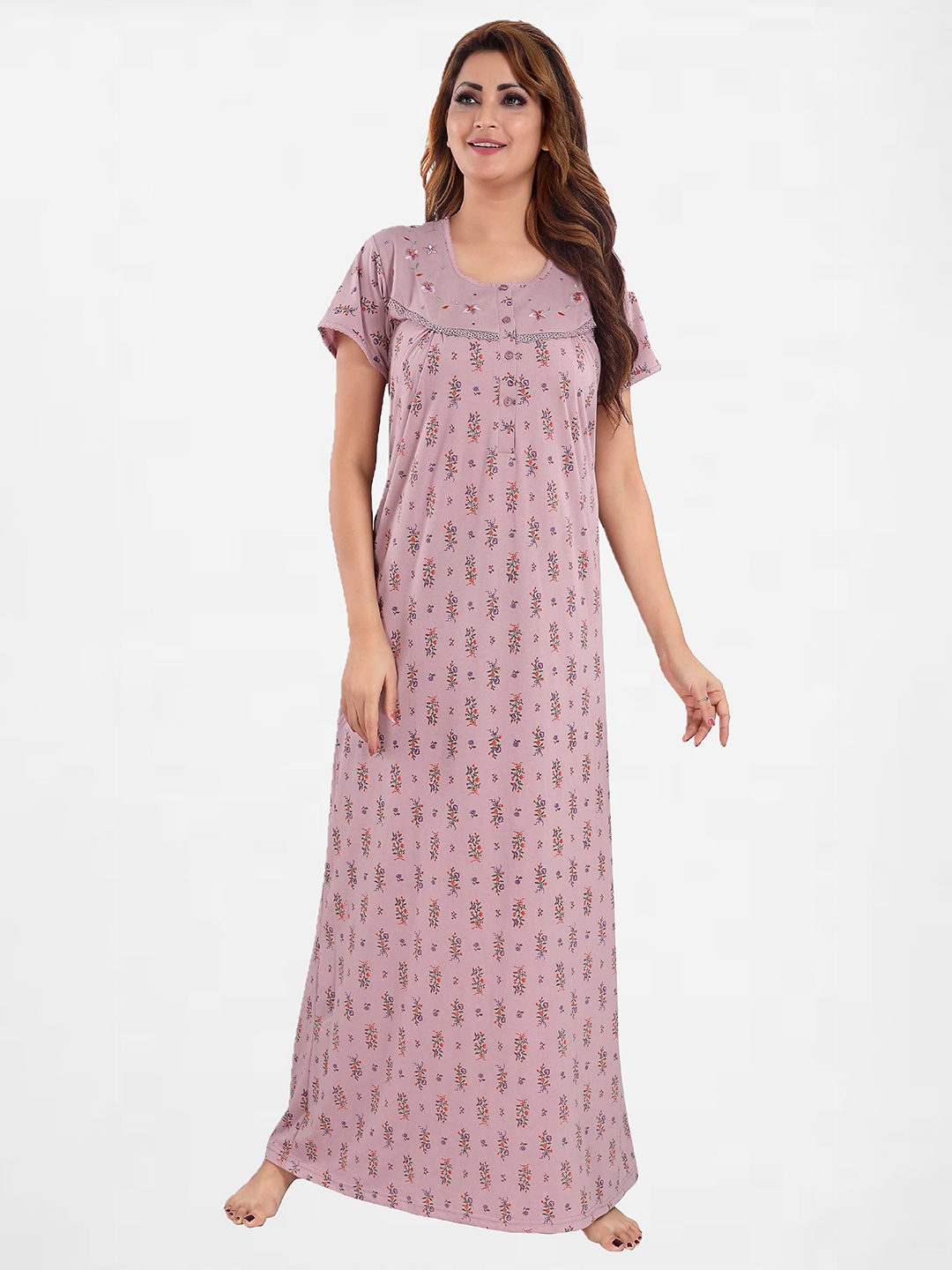 

9shines Label Women Violet Printed Pure Cotton Maxi Nightdress