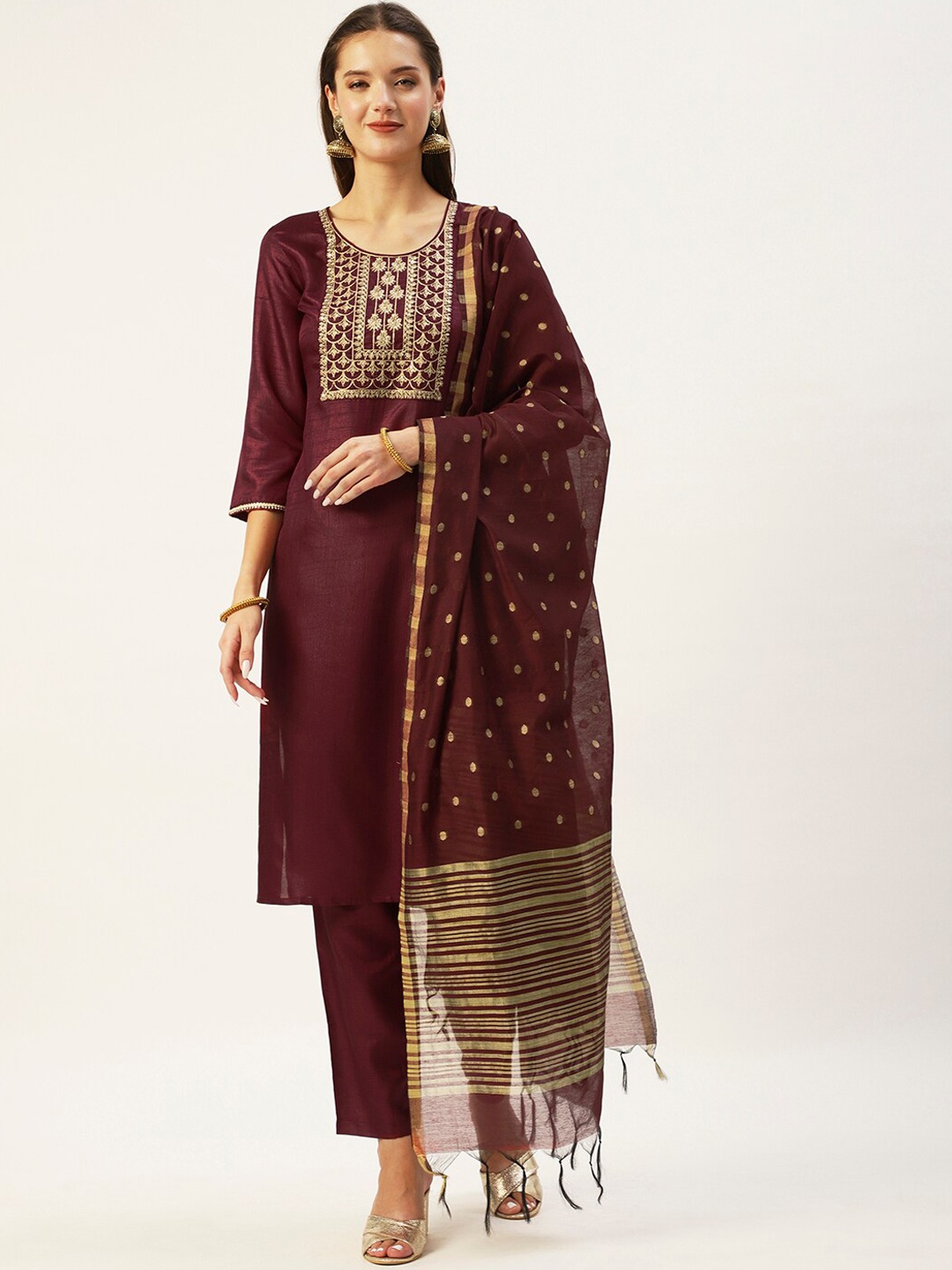 

Ishin Women Maroon Floral Embroidered Kurta with Trousers & With Dupatta