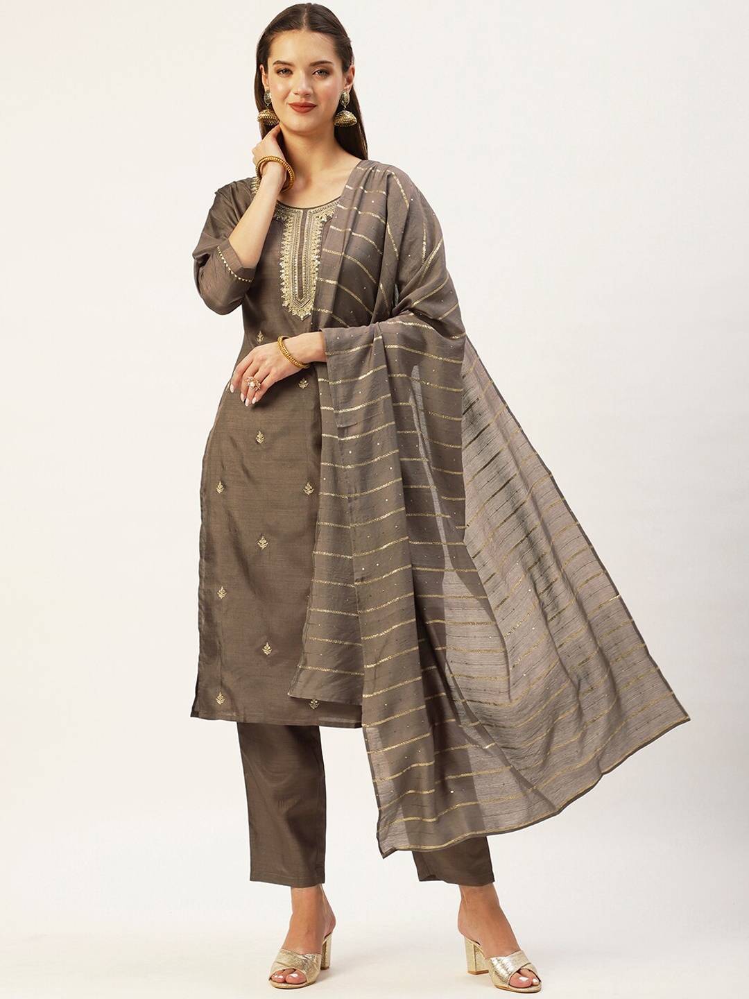 

Ishin Women Brown Ethnic Motifs Embroidered Sequinned Kurta with Trousers & With Dupatta