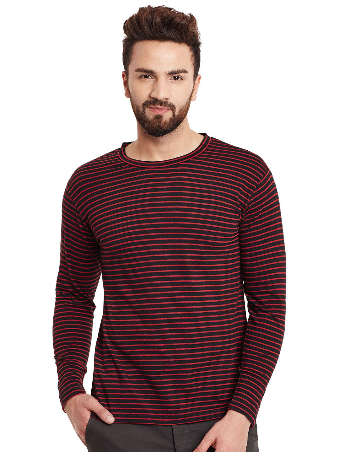 

Hypernation Men Red & Black Striped Slim Fit Cotton T-shirt