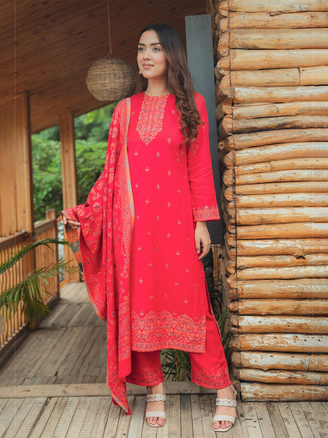 

Safaa Red & Silver-Toned Viscose Rayon Unstitched Dress Material