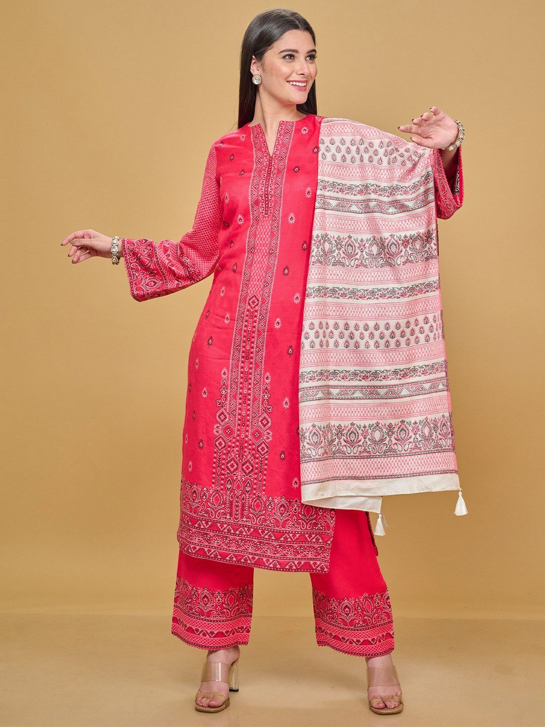 

Safaa Pink & White Viscose Rayon Unstitched Dress Material