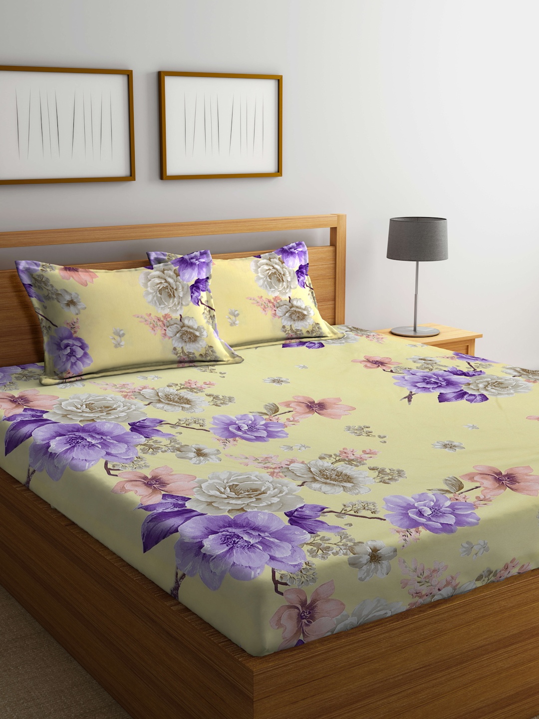 

KLOTTHE Floral Printed 300 TC King Bedsheet with 2 Pillow Covers, Yellow