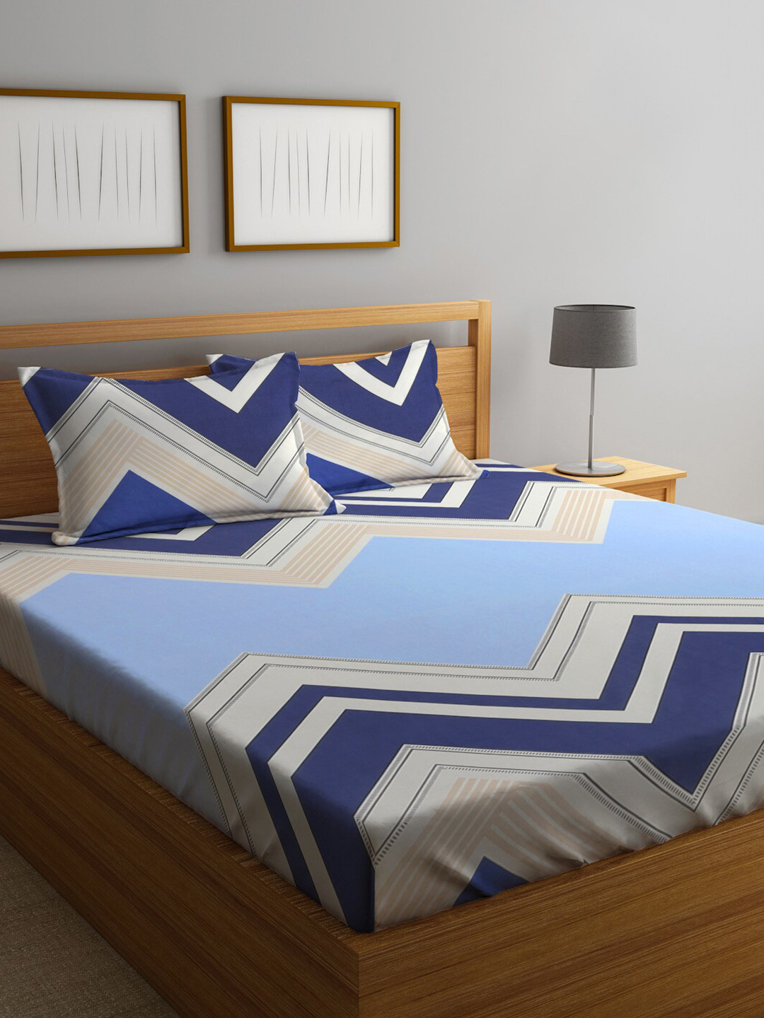 

KLOTTHE Blue & Beige Geometric Printed 300 TC King Bedsheet with 2 Pillow Covers