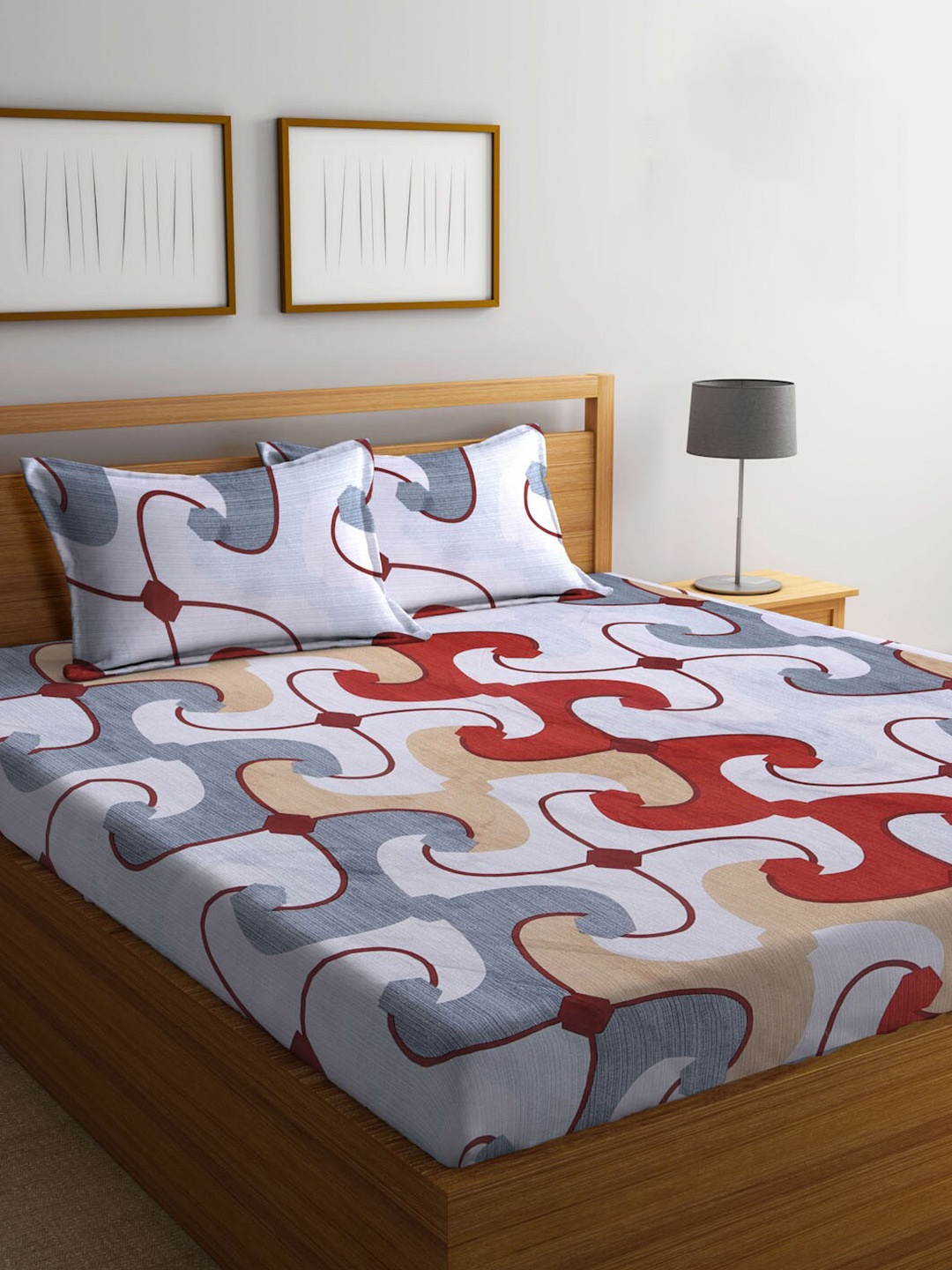 

KLOTTHE Grey & Red 300 TC King Bedsheet with 2 Pillow Covers