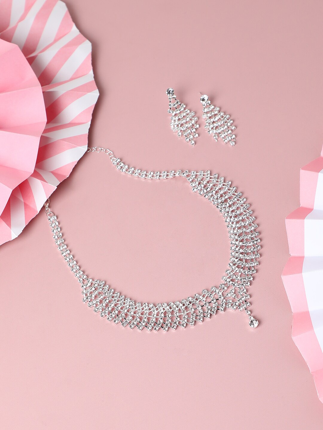 

SOHI Party Designer Silver-Plated & White Stone-Studded Jewellery Set