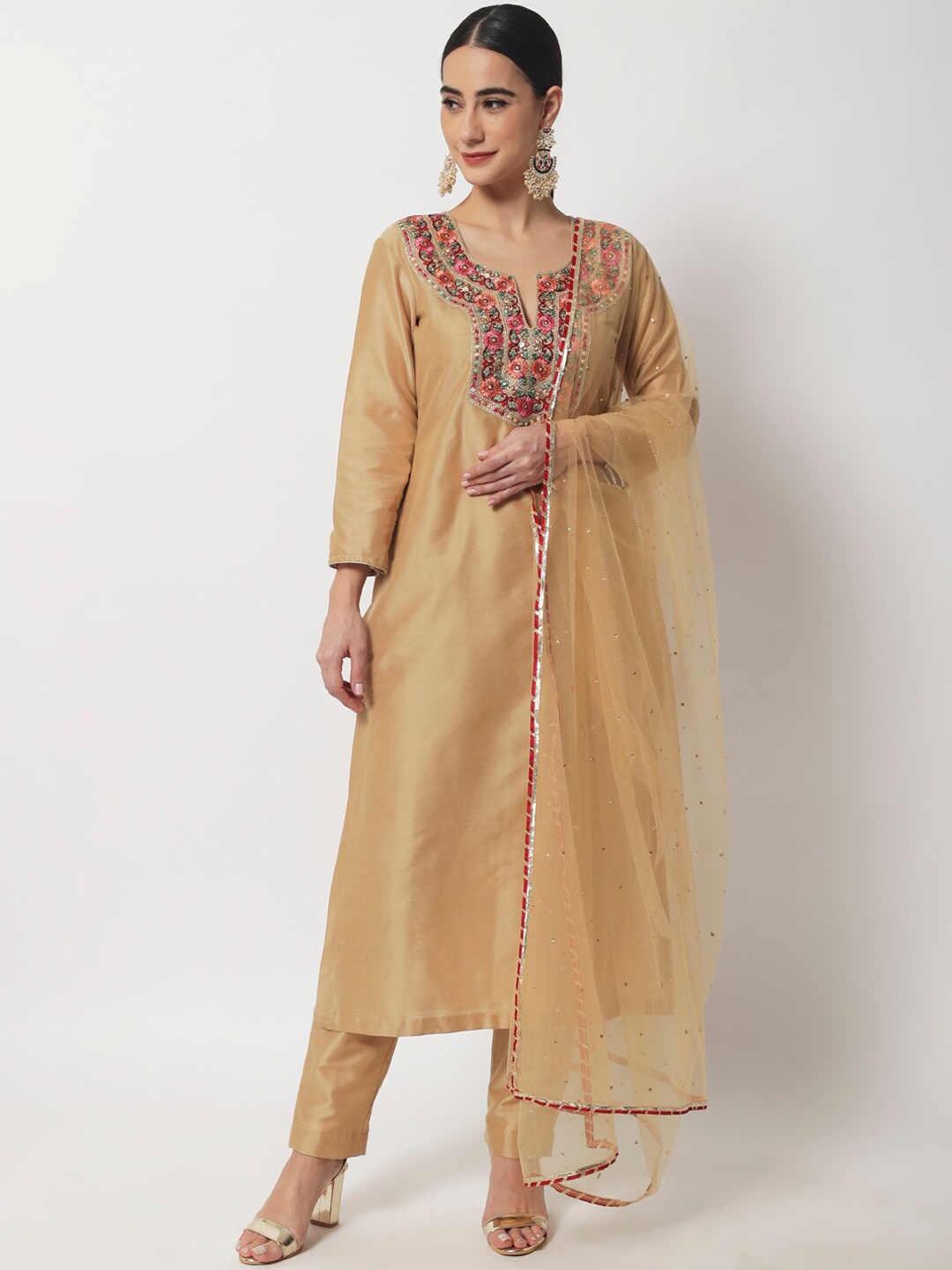 

anokherang Women Floral Embroidered Thread Work Kurta with Trousers & Dupatta, Gold