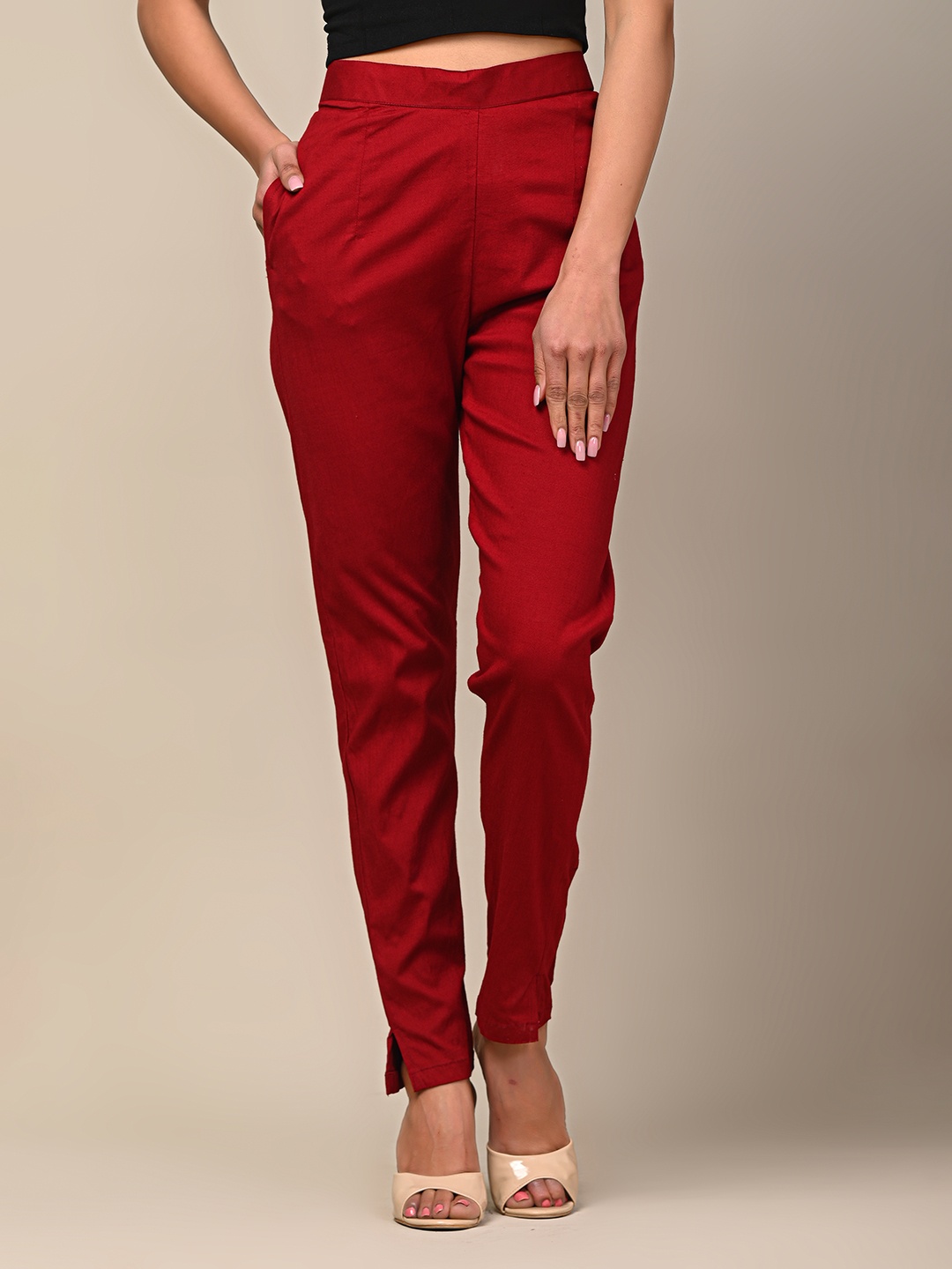 

DHRTI Women Slim Fit Trousers, Maroon