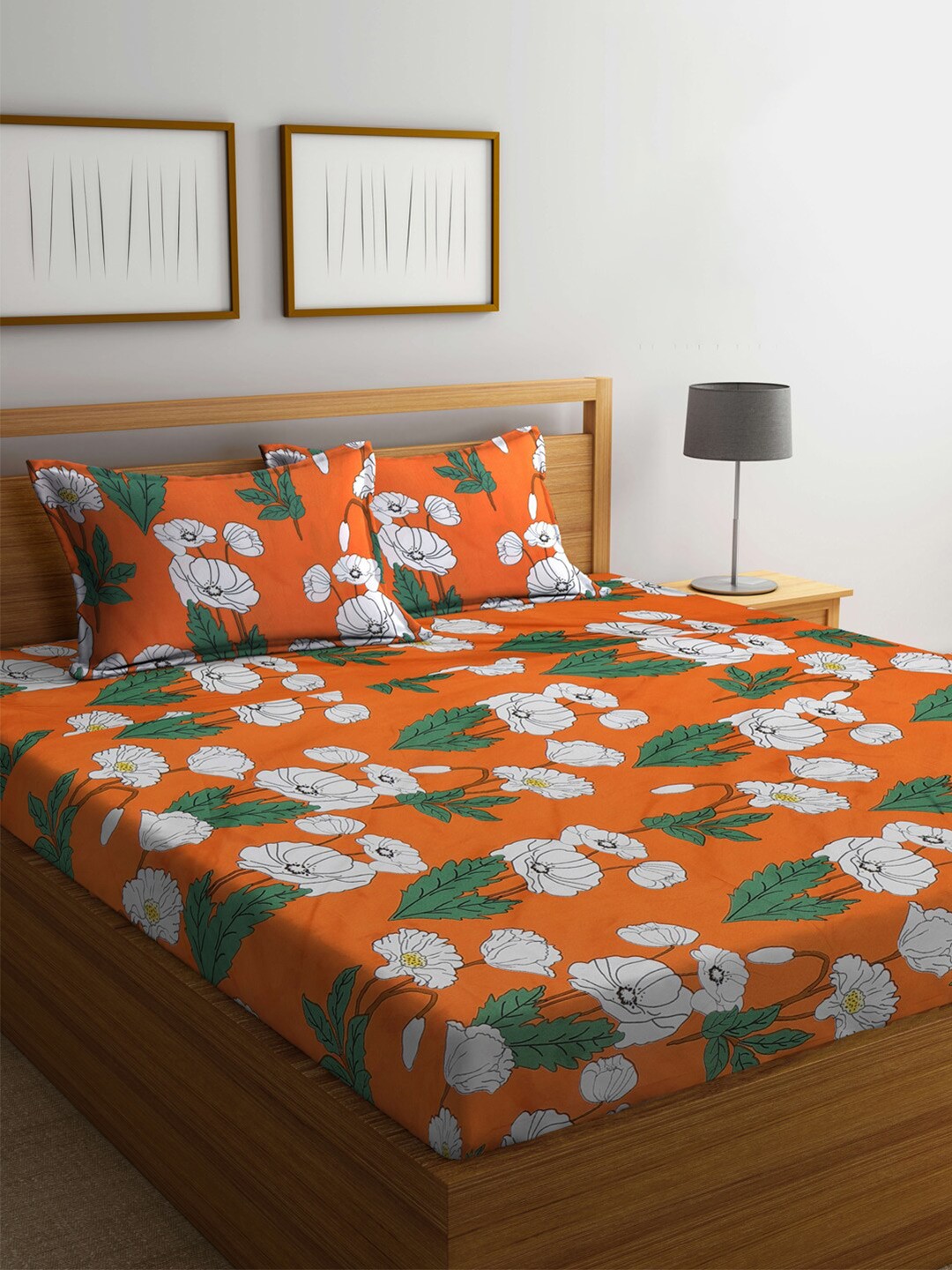

KLOTTHE Orange & White Floral 300 TC King Bedsheet with 2 Pillow Covers