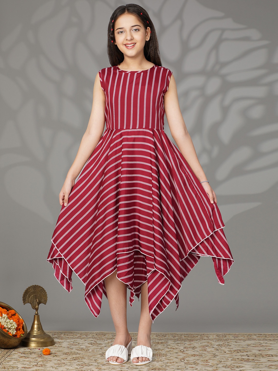 

White World Maroon Striped Fit And Flare Midi Dress