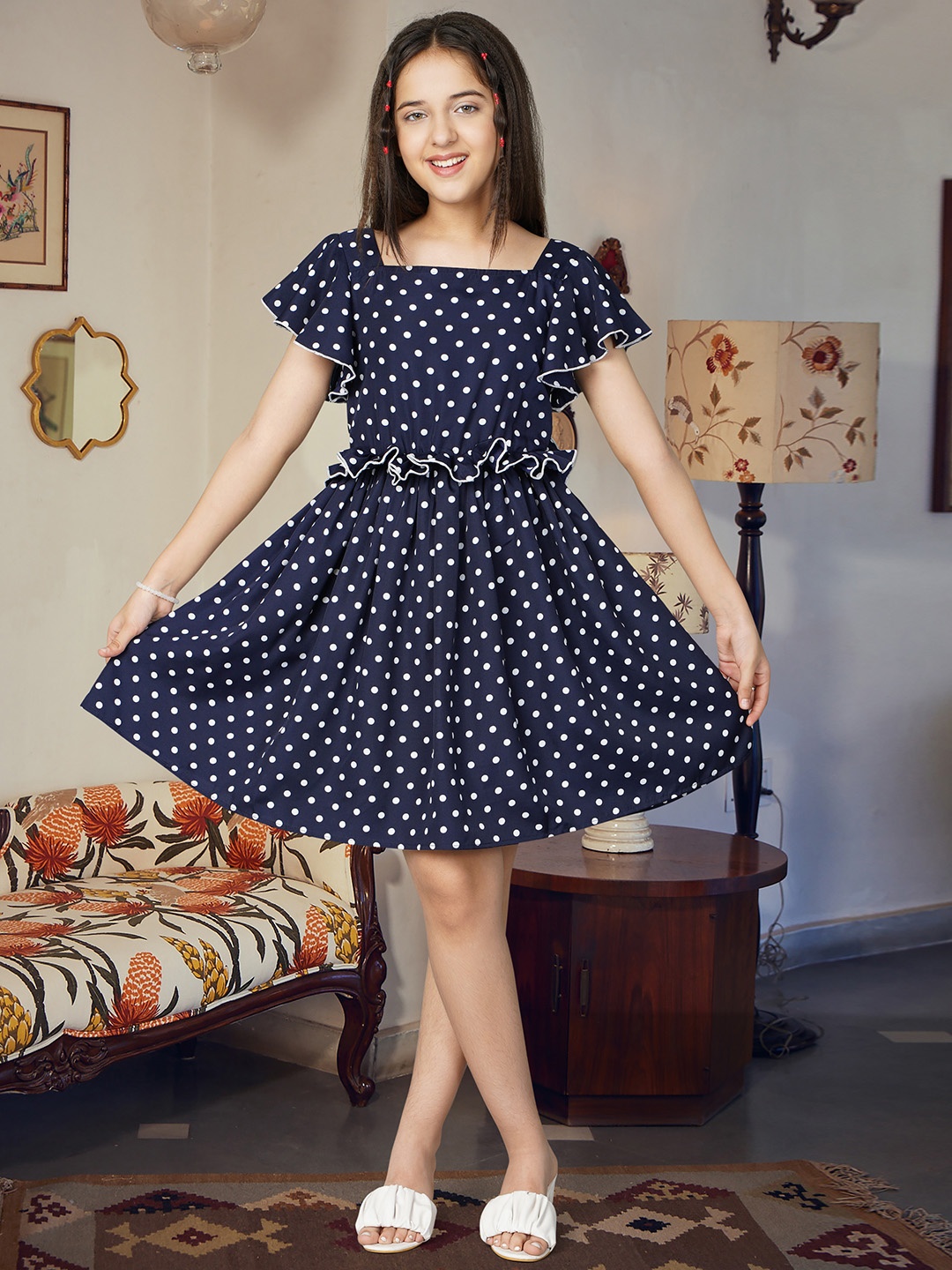 

White World Ruffles Fit And Flare Dress, Navy blue
