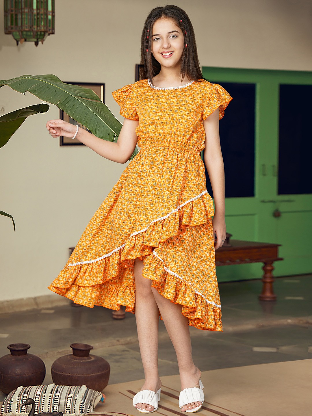 

White World Floral Printed Fit And FlareDress, Yellow