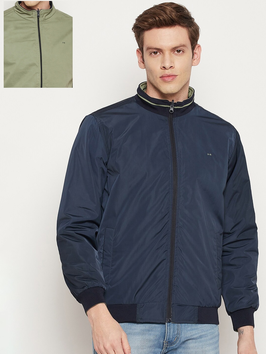 

Okane Men Green Navy Blue Reversible Bomber Jacket